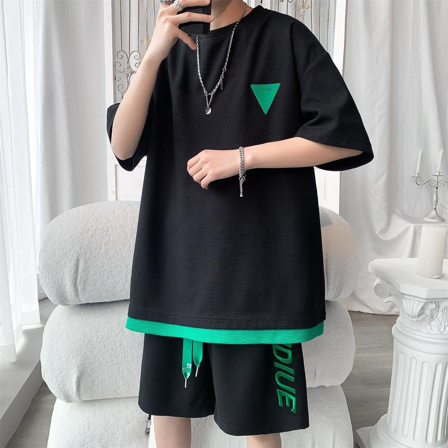 【KADISHOUシリーズ】★セットアップ★ Tシャツ+短パン 3COLOR 男女兼用 メンズ 大きいサイズ ブラック ホワイト ブルー - ChinChic