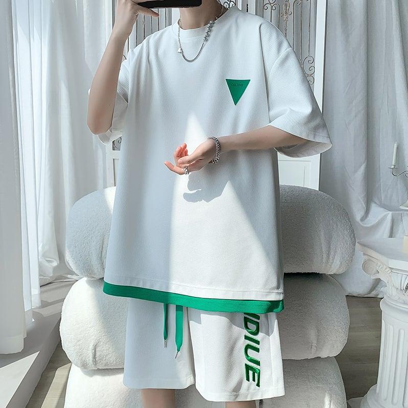 【KADISHOUシリーズ】★セットアップ★ Tシャツ+短パン 3COLOR 男女兼用 メンズ 大きいサイズ ブラック ホワイト ブルー - ChinChic