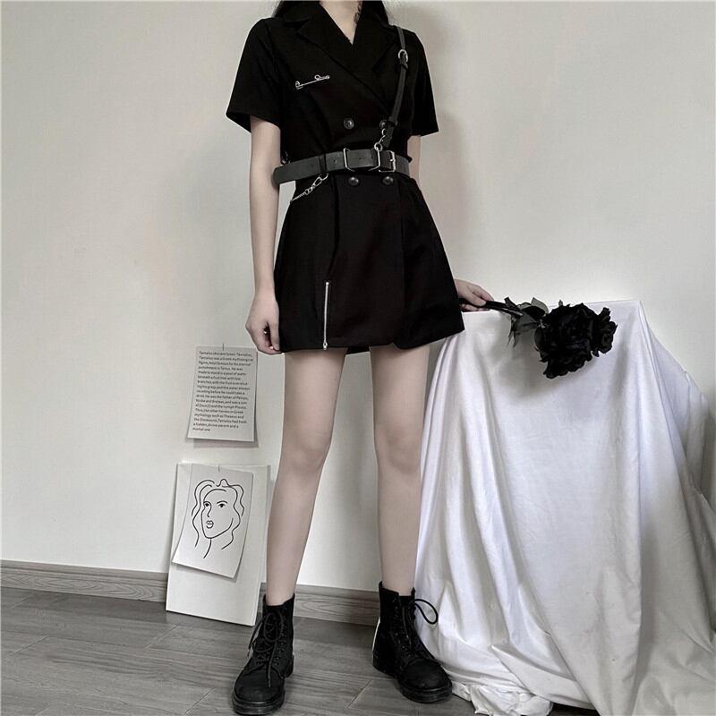【KEKEシリーズ】★ワンピース+ベルト★ ショート丈 無地 かっこいい セクシー Vネック 着痩せ 黒い - ChinChic