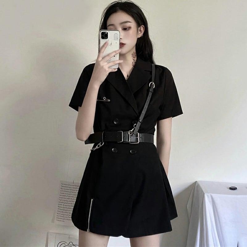 【KEKEシリーズ】★ワンピース+ベルト★ ショート丈 無地 かっこいい セクシー Vネック 着痩せ 黒い - ChinChic