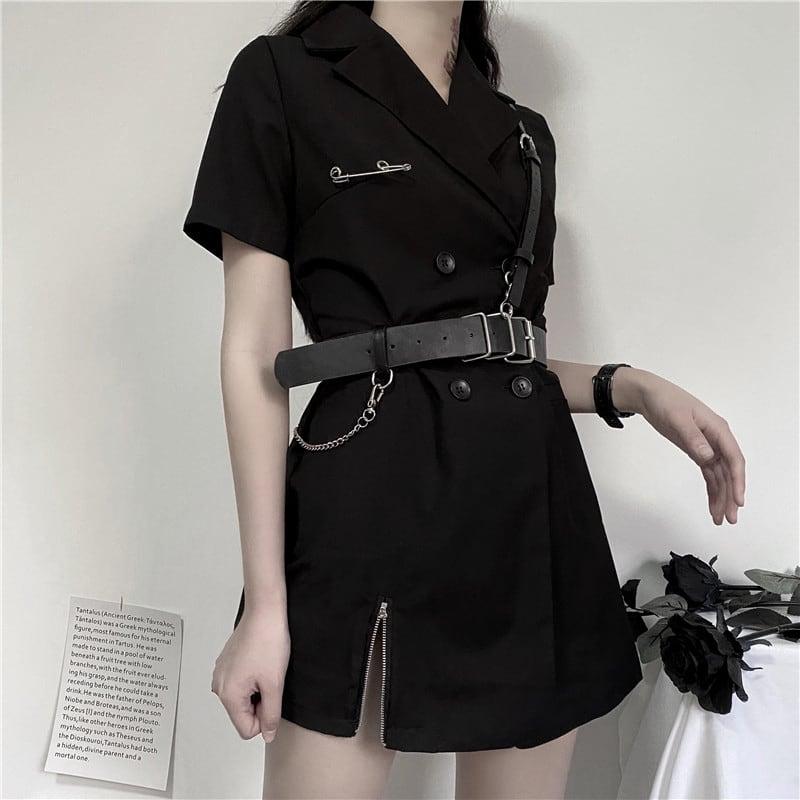 【KEKEシリーズ】★ワンピース+ベルト★ ショート丈 無地 かっこいい セクシー Vネック 着痩せ 黒い - ChinChic
