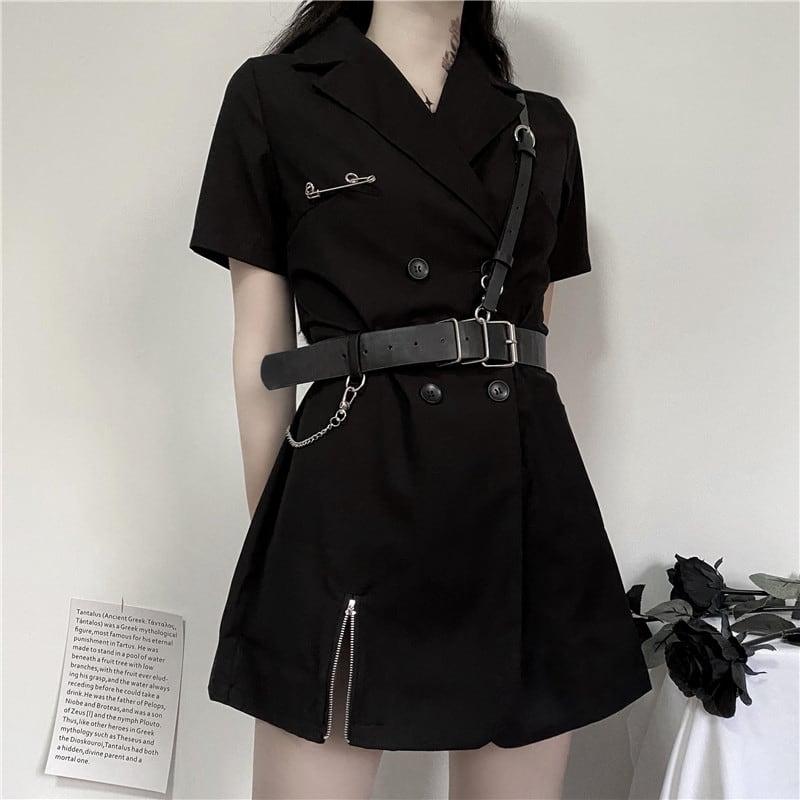 【KEKEシリーズ】★ワンピース+ベルト★ ショート丈 無地 かっこいい セクシー Vネック 着痩せ 黒い - ChinChic
