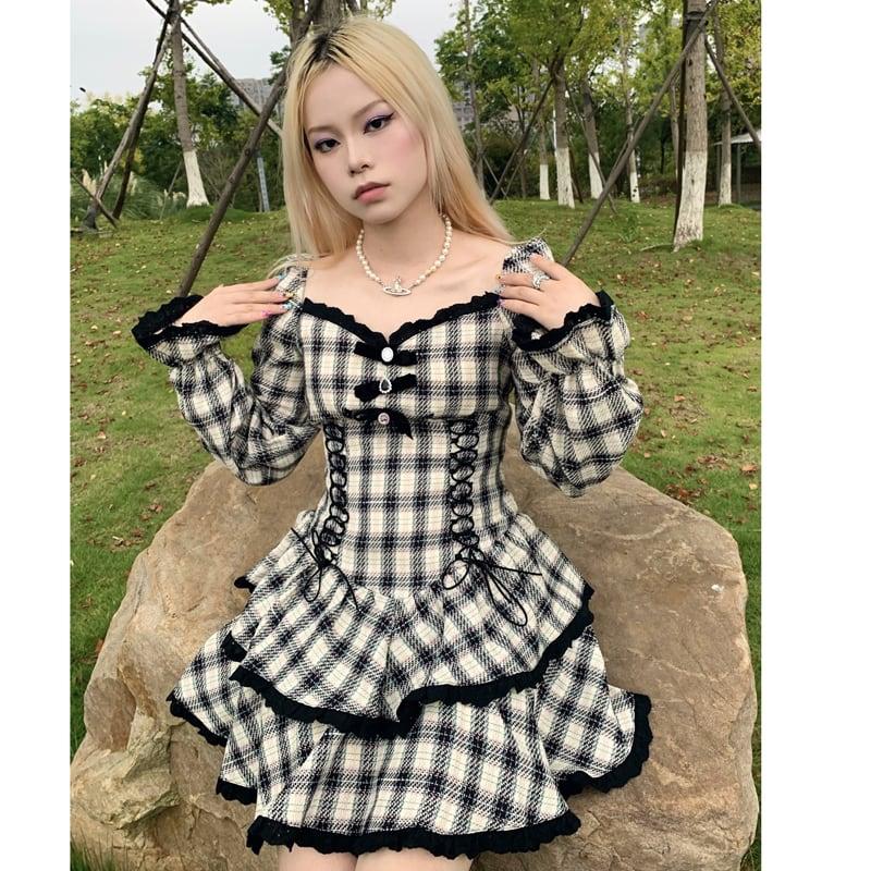 【兮度シリーズ】★チェック柄ワンピース★ 超可愛い リボン 着痩せ レディースファション LOLITA S M L 黒白色 - ChinChic