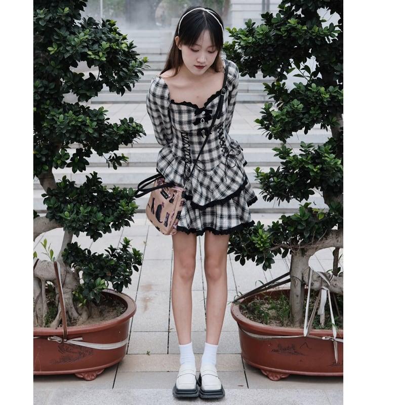 【兮度シリーズ】★チェック柄ワンピース★ 超可愛い リボン 着痩せ レディースファション LOLITA S M L 黒白色 - ChinChic