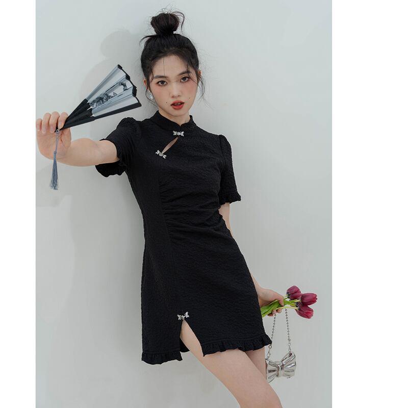 【LOVEHEYNEWシリーズ】★ミニ丈チャイナドレス★ 可愛い 中華服 ブラック 黒い 女子会 デート オリジナル - ChinChic