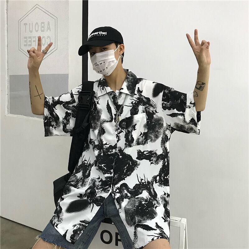 【都涩谷シリーズ】★チャイナ風シャツ★ 半袖 龍紋 花柄 男女兼用 M L 夏 カッコいい カップル服 普段着 - ChinChic