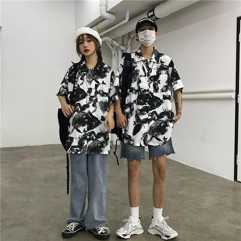 【都涩谷シリーズ】★チャイナ風シャツ★ 半袖 龍紋 花柄 男女兼用 M L 夏 カッコいい カップル服 普段着 - ChinChic
