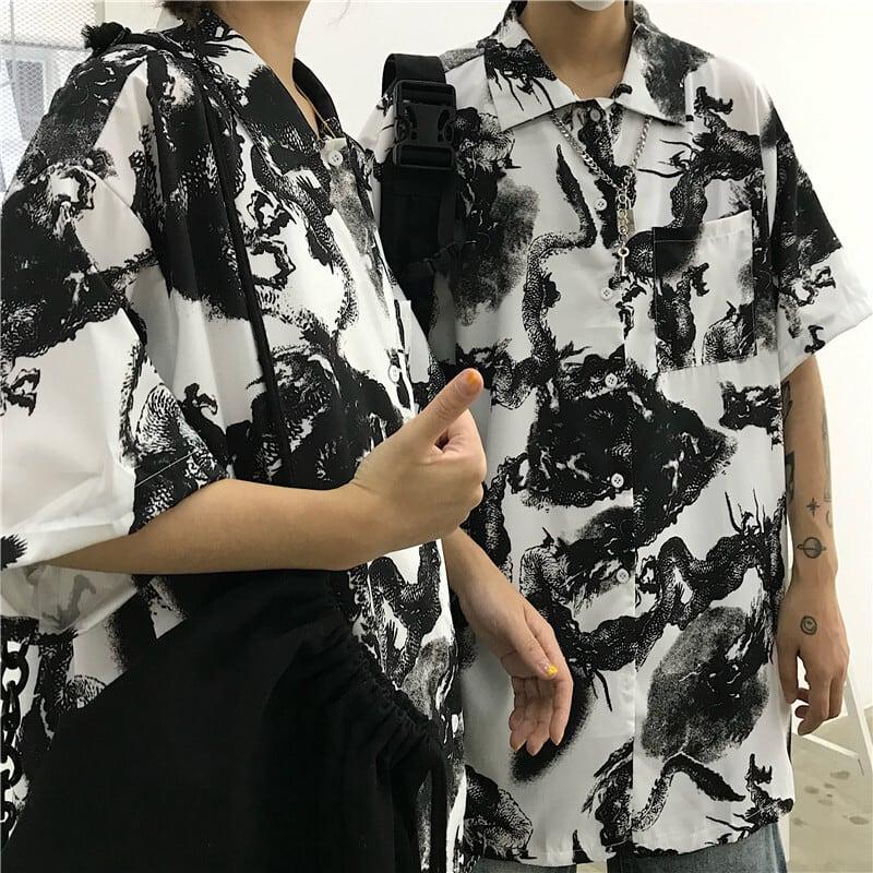 【都涩谷シリーズ】★チャイナ風シャツ★ 半袖 龍紋 花柄 男女兼用 M L 夏 カッコいい カップル服 普段着 - ChinChic