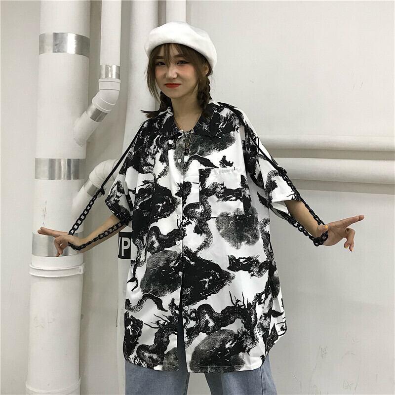 【都涩谷シリーズ】★チャイナ風シャツ★ 半袖 龍紋 花柄 男女兼用 M L 夏 カッコいい カップル服 普段着 - ChinChic