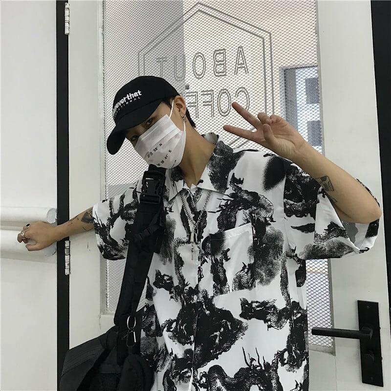 【都涩谷シリーズ】★チャイナ風シャツ★ 半袖 龍紋 花柄 男女兼用 M L 夏 カッコいい カップル服 普段着 - ChinChic