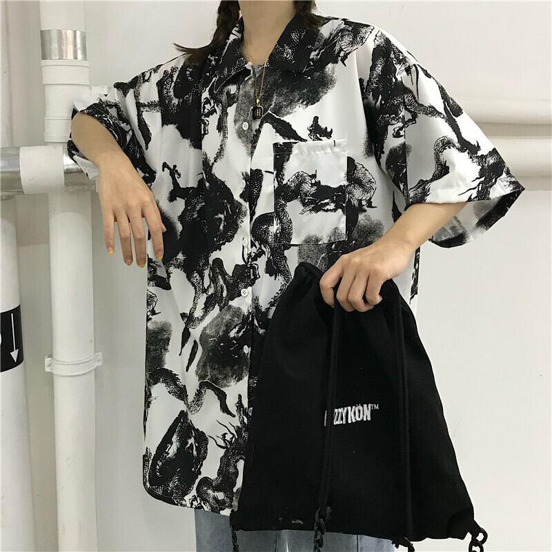 【都涩谷シリーズ】★チャイナ風シャツ★ 半袖 龍紋 花柄 男女兼用 M L 夏 カッコいい カップル服 普段着 - ChinChic