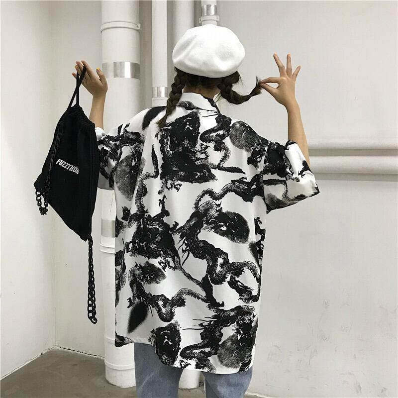 【都涩谷シリーズ】★チャイナ風シャツ★ 半袖 龍紋 花柄 男女兼用 M L 夏 カッコいい カップル服 普段着 - ChinChic