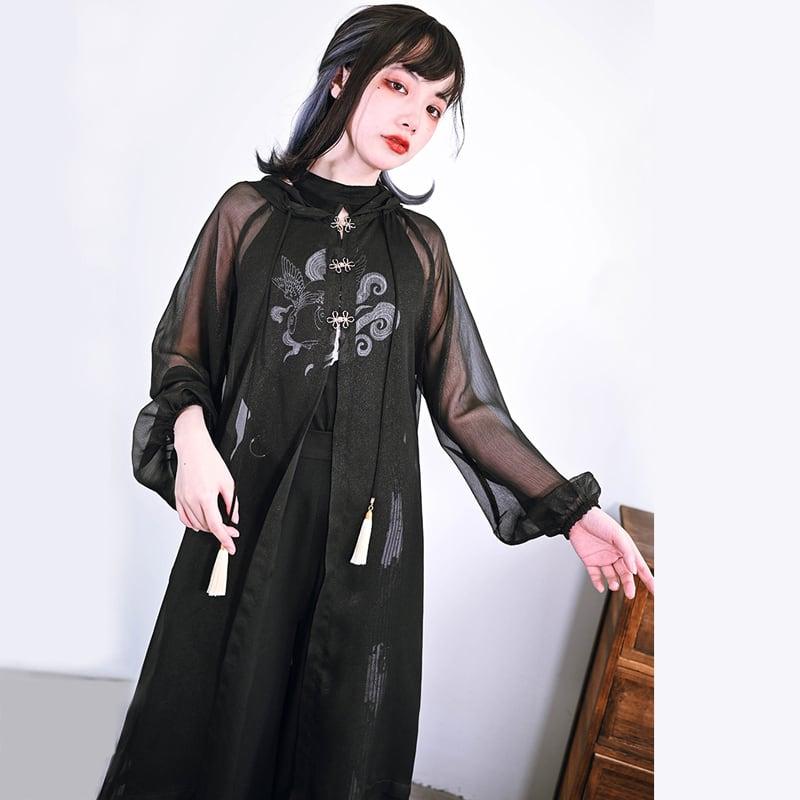 【古怪舍シリーズ】★チャイナ風アウター★ 薄い 透け感有り 日差し防止 長袖 薄い 夏 ロング丈 M L シフォン ブラック 黒い - ChinChic