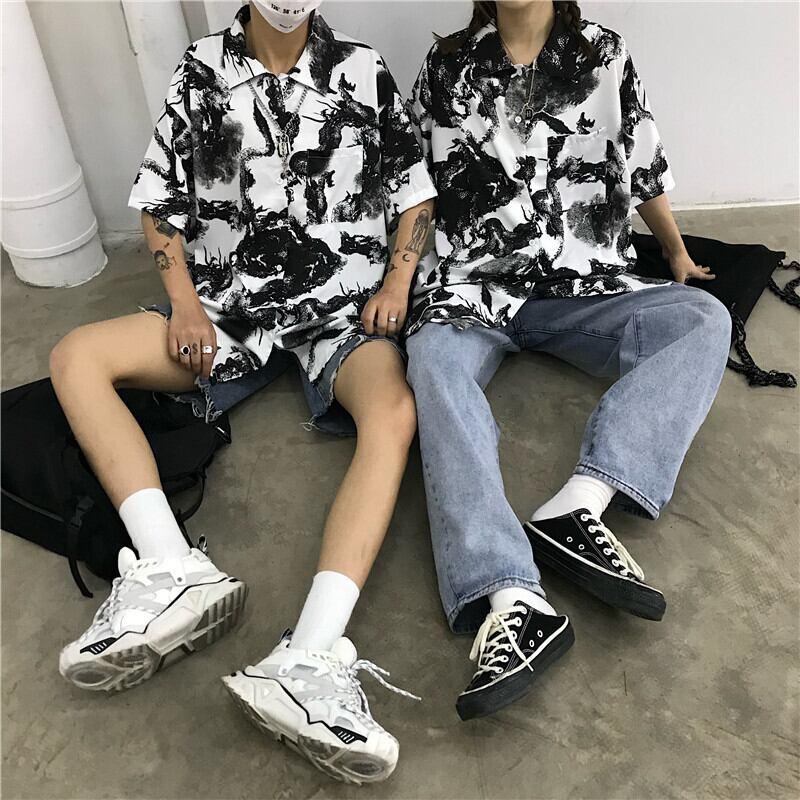 【都涩谷シリーズ】★チャイナ風シャツ★ 半袖 龍紋 花柄 男女兼用 M L 夏 カッコいい カップル服 普段着 - ChinChic