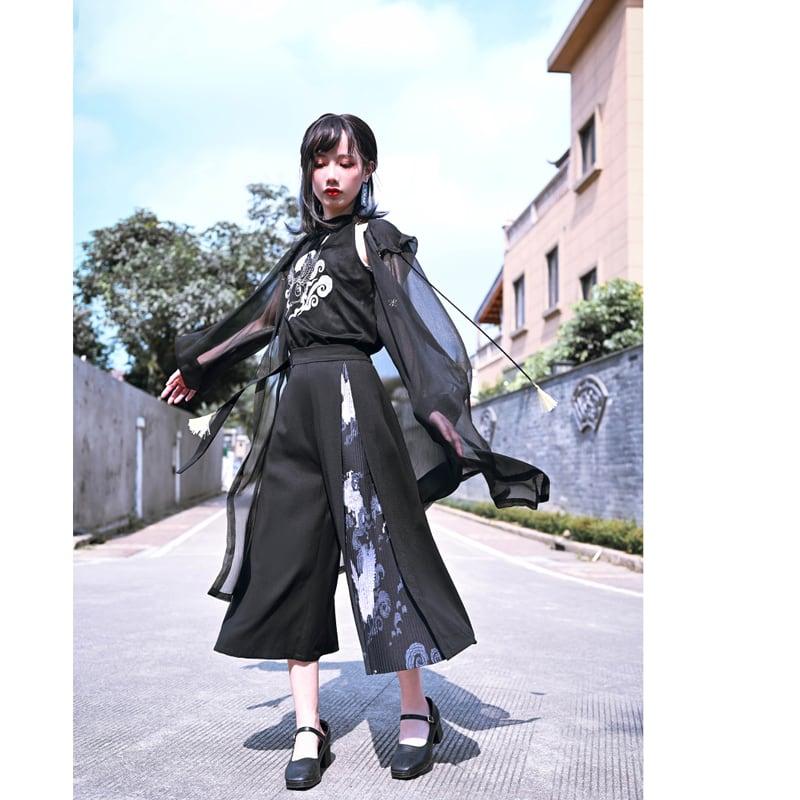 【古怪舍シリーズ】★チャイナ風アウター★ 薄い 透け感有り 日差し防止 長袖 薄い 夏 ロング丈 M L シフォン ブラック 黒い - ChinChic