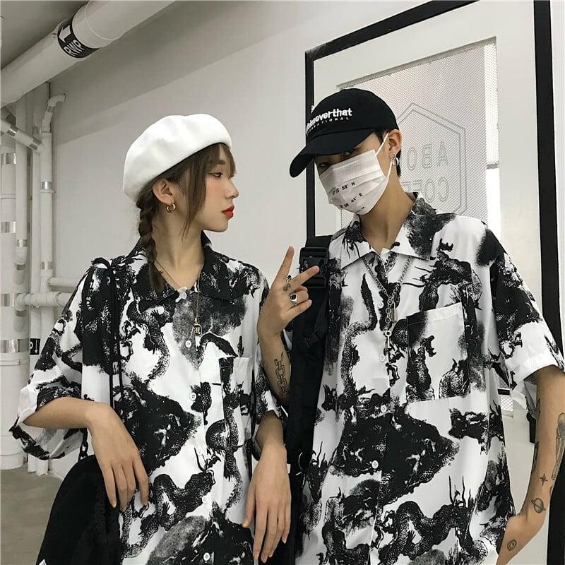【都涩谷シリーズ】★チャイナ風シャツ★ 半袖 龍紋 花柄 男女兼用 M L 夏 カッコいい カップル服 普段着 - ChinChic