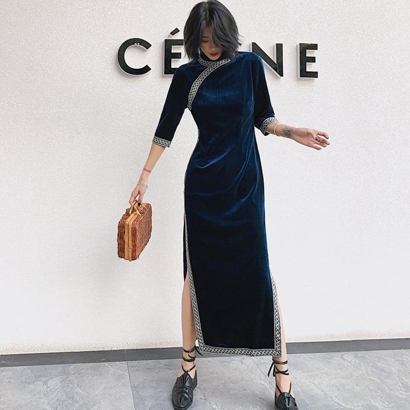 ロングチャイナドレス ベルベットチャイナドレス チャイナ風ワンピース チャイナ風服 中華服 二次会 女子会 同窓会 スタンドネック 七分袖 大きいサイズ M L LL 3L 4L エレガント ブルー 青い - ChinChic