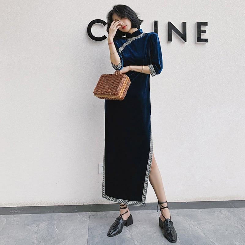 ロングチャイナドレス ベルベットチャイナドレス チャイナ風ワンピース チャイナ風服 中華服 二次会 女子会 同窓会 スタンドネック 七分袖 大きいサイズ M L LL 3L 4L エレガント ブルー 青い - ChinChic