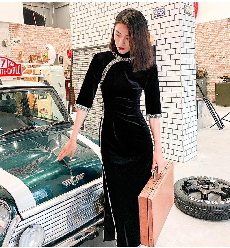ロング丈チャイナドレス ベルベットチャイナドレス チャイナ風ワンピース ロングドレス 七分袖 大きいサイズ M L LL 3L 4L 民国風 エレガント チャイナ風服 ブラック 黒い 気質よい - ChinChic