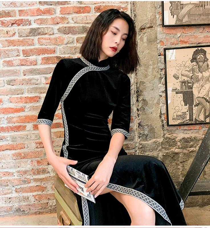 ロング丈チャイナドレス ベルベットチャイナドレス チャイナ風ワンピース ロングドレス 七分袖 大きいサイズ M L LL 3L 4L 民国風 エレガント チャイナ風服 ブラック 黒い 気質よい - ChinChic