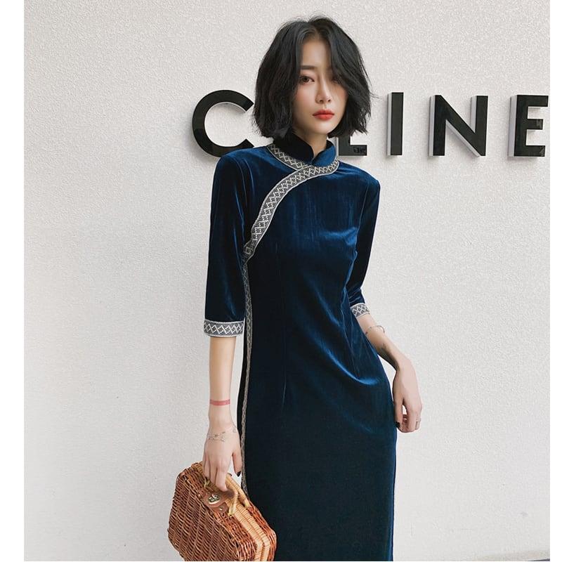 ロングチャイナドレス ベルベットチャイナドレス チャイナ風ワンピース チャイナ風服 中華服 二次会 女子会 同窓会 スタンドネック 七分袖 大きいサイズ M L LL 3L 4L エレガント ブルー 青い - ChinChic