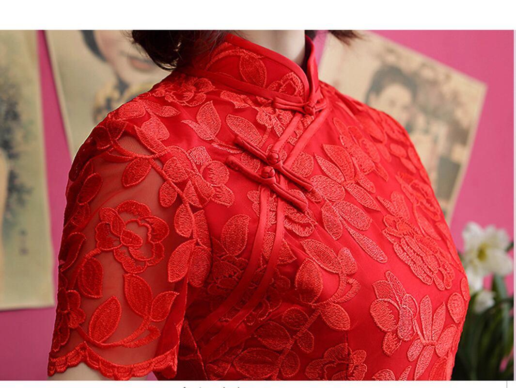 チャイナドレス ワンピース ドレス 改良型チャイナドレス チャイナ風服 スタンドネック 半袖 ロング丈 エレガント 着痩せ 上品 大きいサイズ M L LL 3L 4L レース 刺繍入り グレー レッド 灰色 赤い - ChinChic