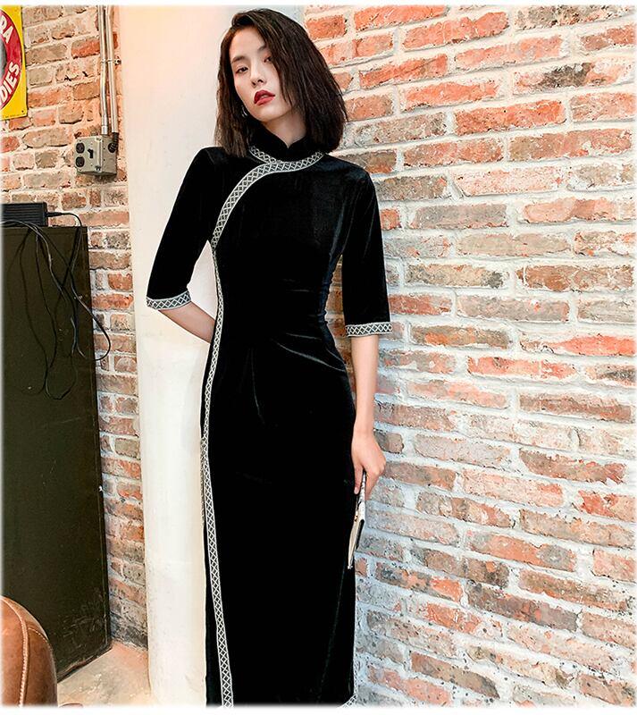 ロング丈チャイナドレス ベルベットチャイナドレス チャイナ風ワンピース ロングドレス 七分袖 大きいサイズ M L LL 3L 4L 民国風 エレガント チャイナ風服 ブラック 黒い 気質よい - ChinChic