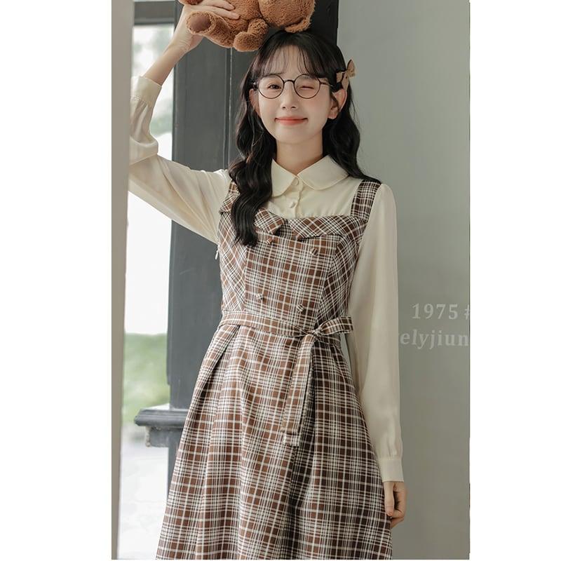 【MEIYIシリーズ】★ワンピース★ レディース チェック柄 フェイクレイヤード 通勤 デート 可愛い - ChinChic