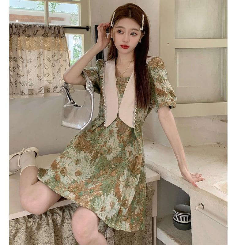【MEIYIシリーズ】★ワンピース★ 大きいサイズ 切り替え 可愛い 油絵風 夏服 夏ワンピース デート 撮影 通勤 緑 花柄 - ChinChic