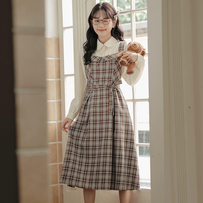 【MEIYIシリーズ】★ワンピース★ レディース チェック柄 フェイクレイヤード 通勤 デート 可愛い - ChinChic