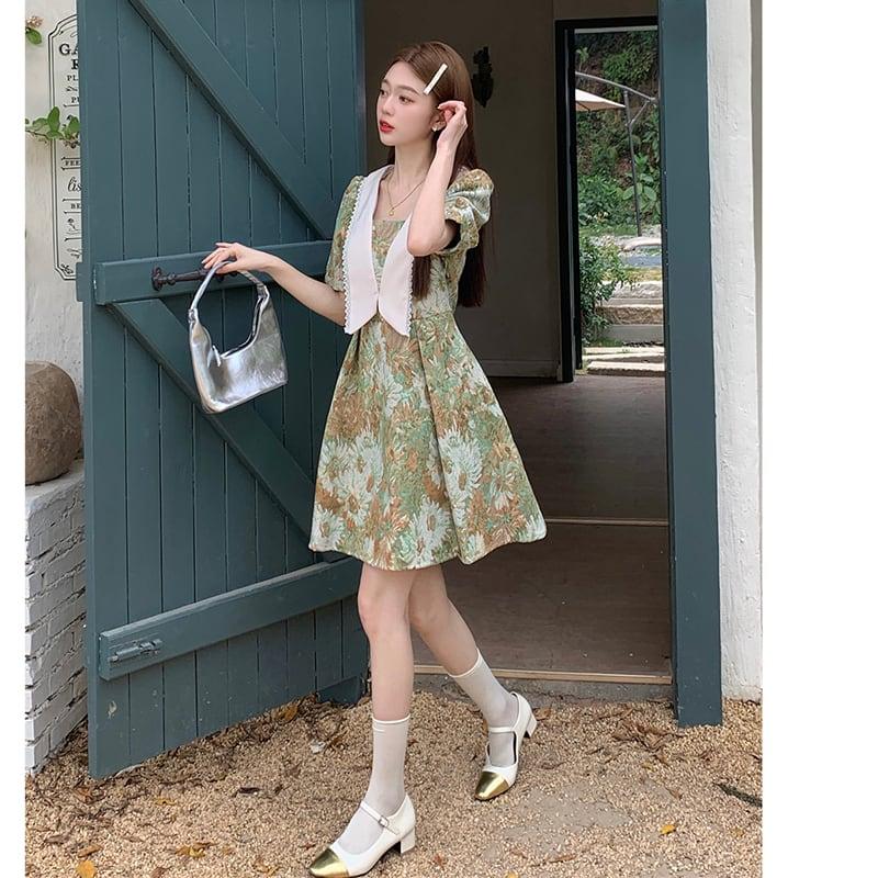 【MEIYIシリーズ】★ワンピース★ 大きいサイズ 切り替え 可愛い 油絵風 夏服 夏ワンピース デート 撮影 通勤 緑 花柄 - ChinChic