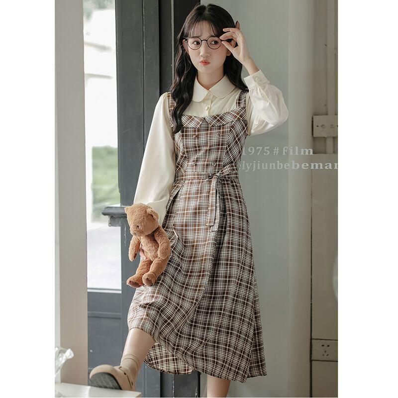 【MEIYIシリーズ】★ワンピース★ レディース チェック柄 フェイクレイヤード 通勤 デート 可愛い - ChinChic