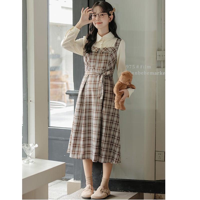 【MEIYIシリーズ】★ワンピース★ レディース チェック柄 フェイクレイヤード 通勤 デート 可愛い - ChinChic