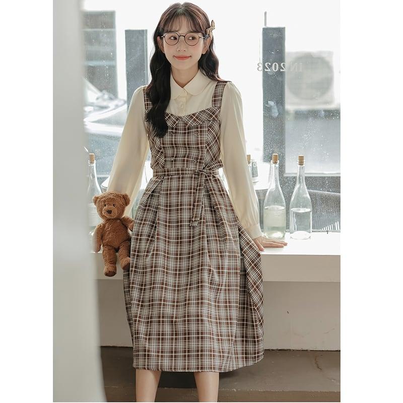 【MEIYIシリーズ】★ワンピース★ レディース チェック柄 フェイクレイヤード 通勤 デート 可愛い - ChinChic
