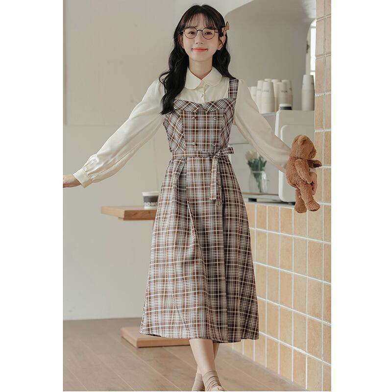 【MEIYIシリーズ】★ワンピース★ レディース チェック柄 フェイクレイヤード 通勤 デート 可愛い - ChinChic