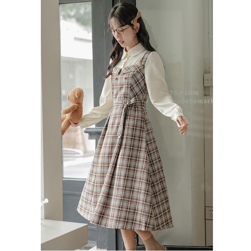 【MEIYIシリーズ】★ワンピース★ レディース チェック柄 フェイクレイヤード 通勤 デート 可愛い - ChinChic