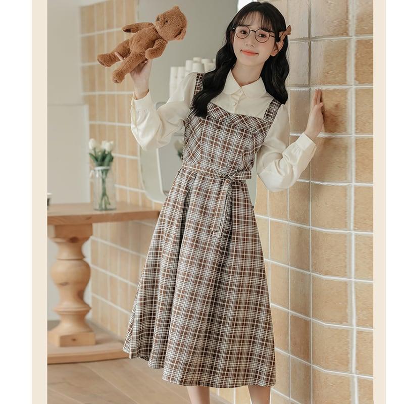 【MEIYIシリーズ】★ワンピース★ レディース チェック柄 フェイクレイヤード 通勤 デート 可愛い - ChinChic