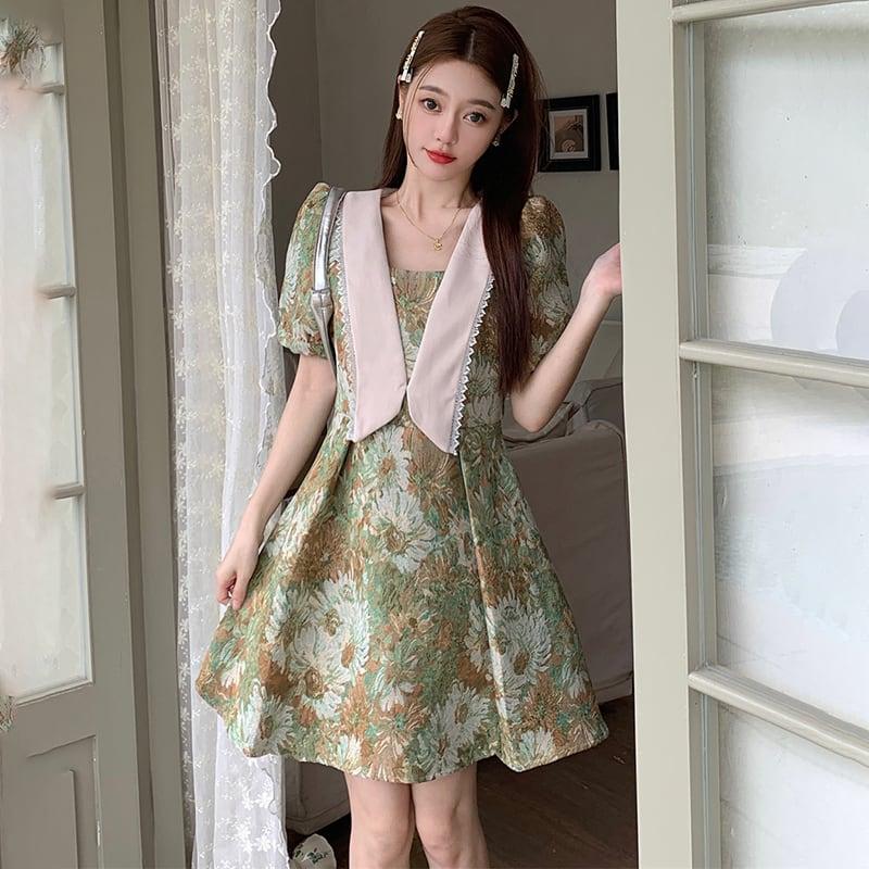【MEIYIシリーズ】★ワンピース★ 大きいサイズ 切り替え 可愛い 油絵風 夏服 夏ワンピース デート 撮影 通勤 緑 花柄 - ChinChic