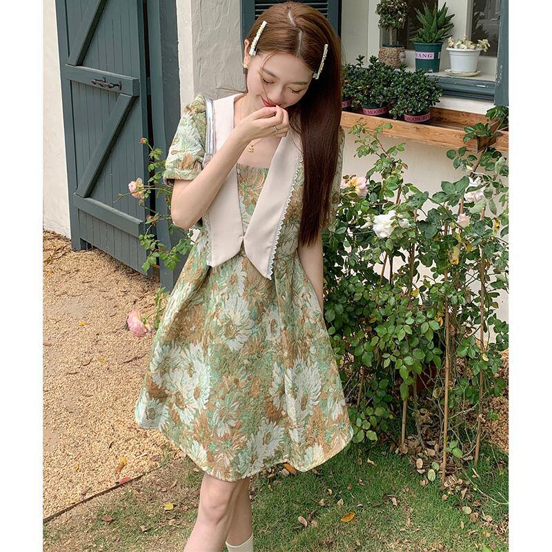 【MEIYIシリーズ】★ワンピース★ 大きいサイズ 切り替え 可愛い 油絵風 夏服 夏ワンピース デート 撮影 通勤 緑 花柄 - ChinChic
