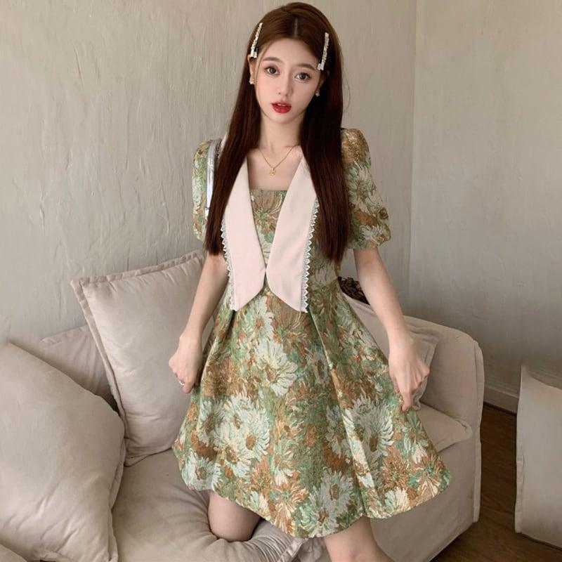 【MEIYIシリーズ】★ワンピース★ 大きいサイズ 切り替え 可愛い 油絵風 夏服 夏ワンピース デート 撮影 通勤 緑 花柄 - ChinChic