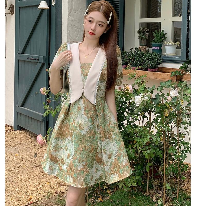 【MEIYIシリーズ】★ワンピース★ 大きいサイズ 切り替え 可愛い 油絵風 夏服 夏ワンピース デート 撮影 通勤 緑 花柄 - ChinChic