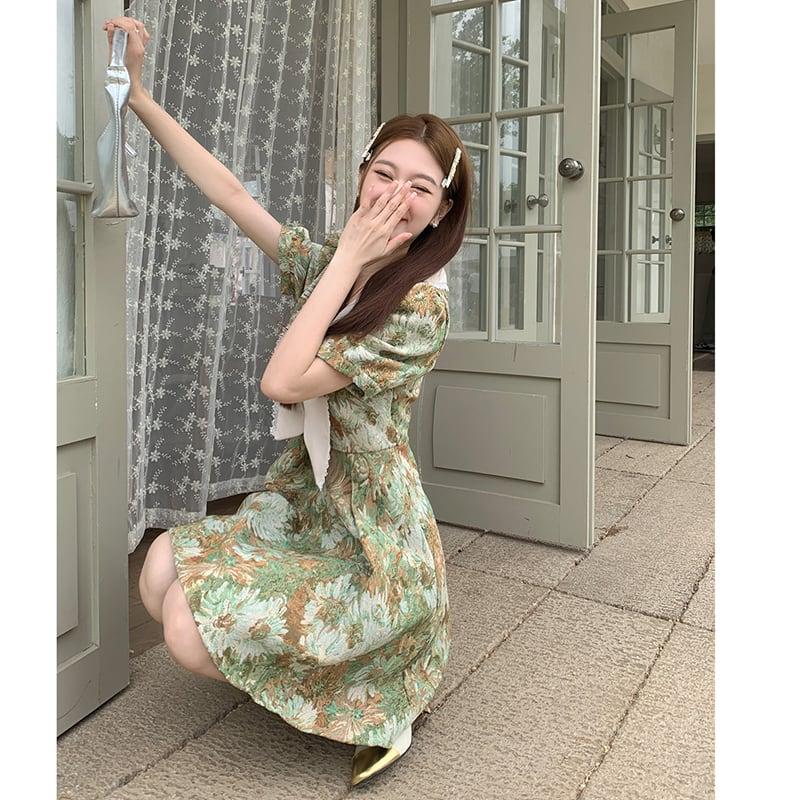 【MEIYIシリーズ】★ワンピース★ 大きいサイズ 切り替え 可愛い 油絵風 夏服 夏ワンピース デート 撮影 通勤 緑 花柄 - ChinChic