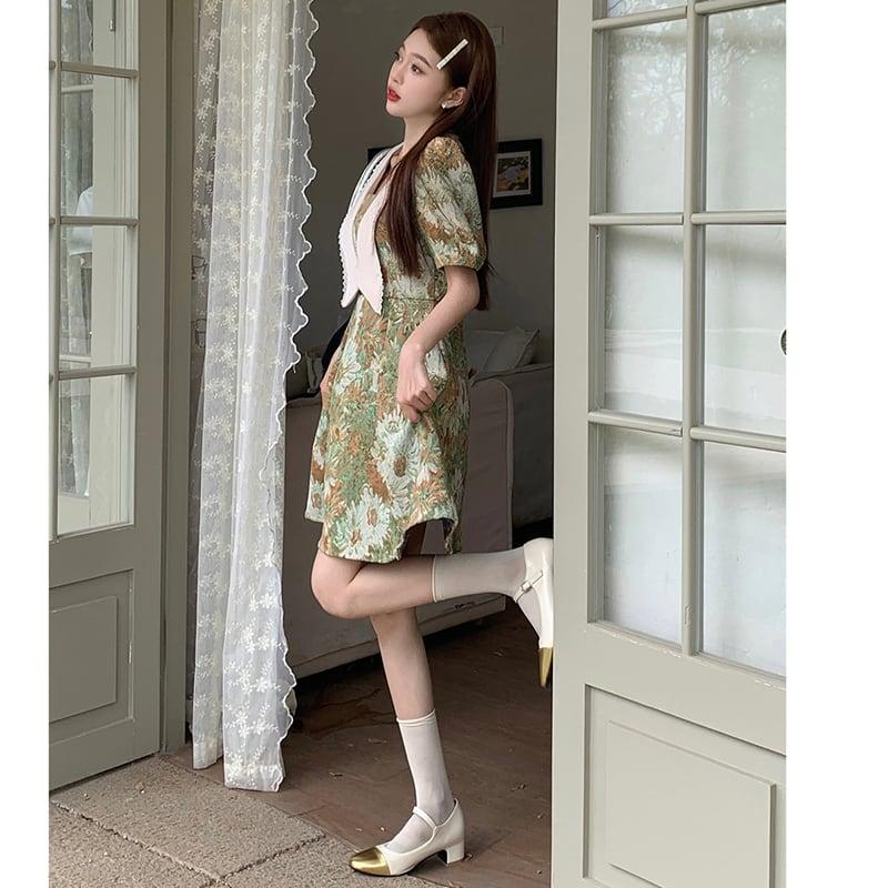 【MEIYIシリーズ】★ワンピース★ 大きいサイズ 切り替え 可愛い 油絵風 夏服 夏ワンピース デート 撮影 通勤 緑 花柄 - ChinChic