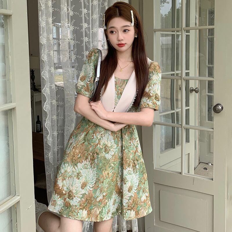 【MEIYIシリーズ】★ワンピース★ 大きいサイズ 切り替え 可愛い 油絵風 夏服 夏ワンピース デート 撮影 通勤 緑 花柄 - ChinChic