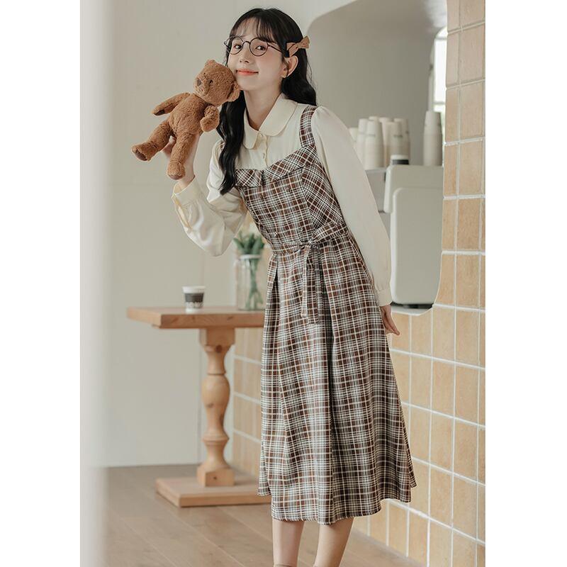 【MEIYIシリーズ】★ワンピース★ レディース チェック柄 フェイクレイヤード 通勤 デート 可愛い - ChinChic