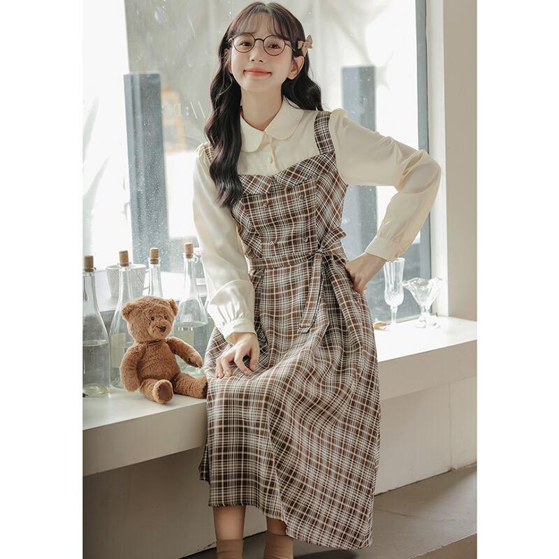 【MEIYIシリーズ】★ワンピース★ レディース チェック柄 フェイクレイヤード 通勤 デート 可愛い - ChinChic