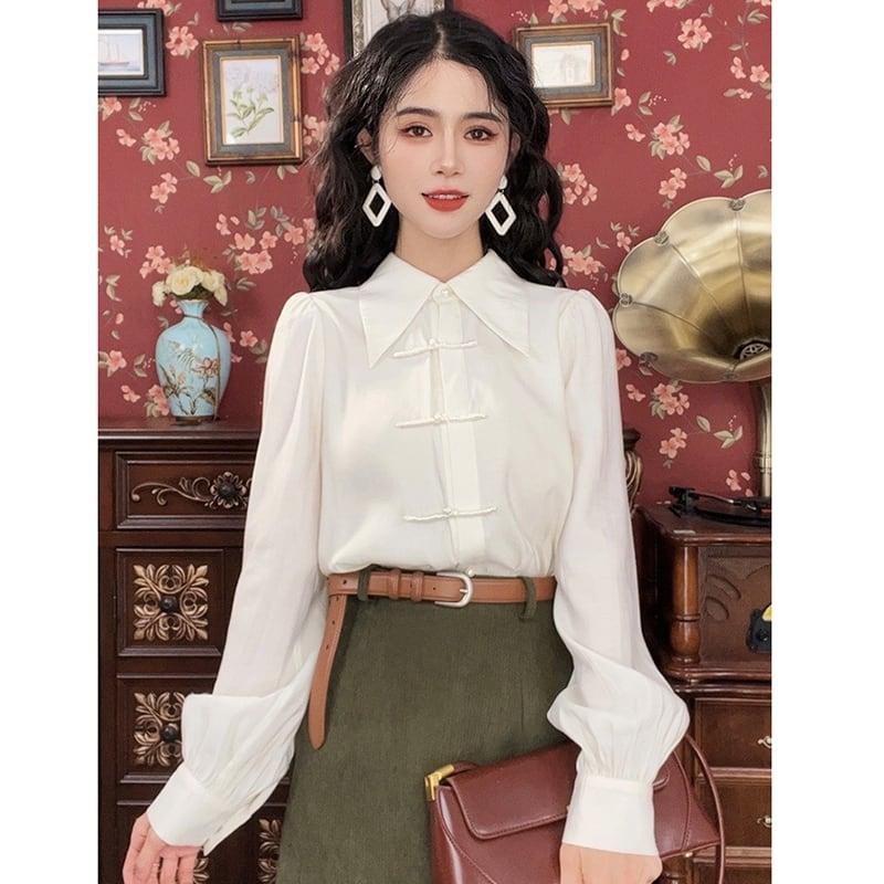 【MISSLIN FASHIONシリーズ】★セットアップ 単品注文★ チャイナ風シャツORスカート グリーン ホワイト 可愛い 合わせやすい - ChinChic