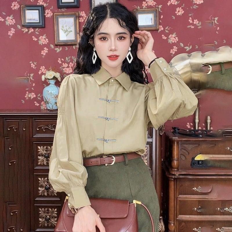 【MISSLIN FASHIONシリーズ】★セットアップ 単品注文★ チャイナ風シャツORスカート グリーン ホワイト 可愛い 合わせやすい - ChinChic