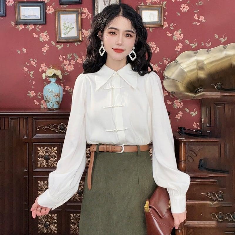 【MISSLIN FASHIONシリーズ】★セットアップ 単品注文★ チャイナ風シャツORスカート グリーン ホワイト 可愛い 合わせやすい - ChinChic