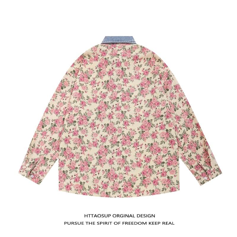 【MMOPTOPシリーズ】★シャツ★ トップス 花柄シャツ 長袖シャツ 男女兼用 メンズ コーデュロイ 切り替え - ChinChic